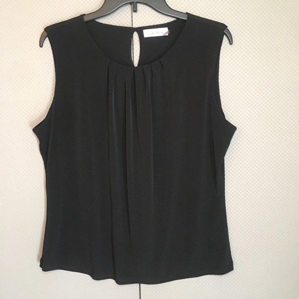Calvin Klein Womens Sleeveless Shirt Size 14 Black Pleated Jersey Knit Tank Top